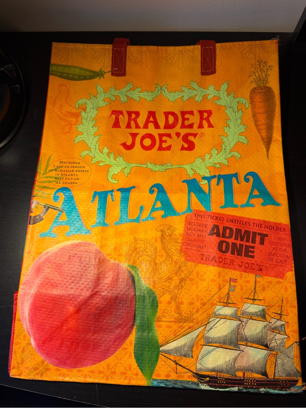 Trader Joe's Atlanta Tote Bag - Bright Orange with Peach & Blue Accents